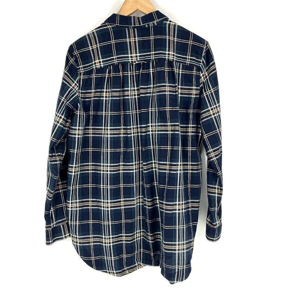 Loft Softened Top Size Large Women Navy Brown Plaid Long Sleeve Popover Shirt - Picture 4 of 7